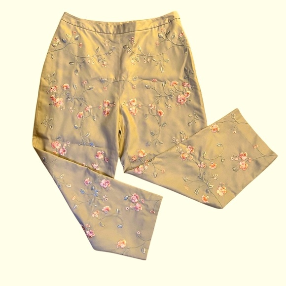 90s Silk capri embroidered pants fully-lined tan coral moss-green floral cropped - Picture 3 of 8